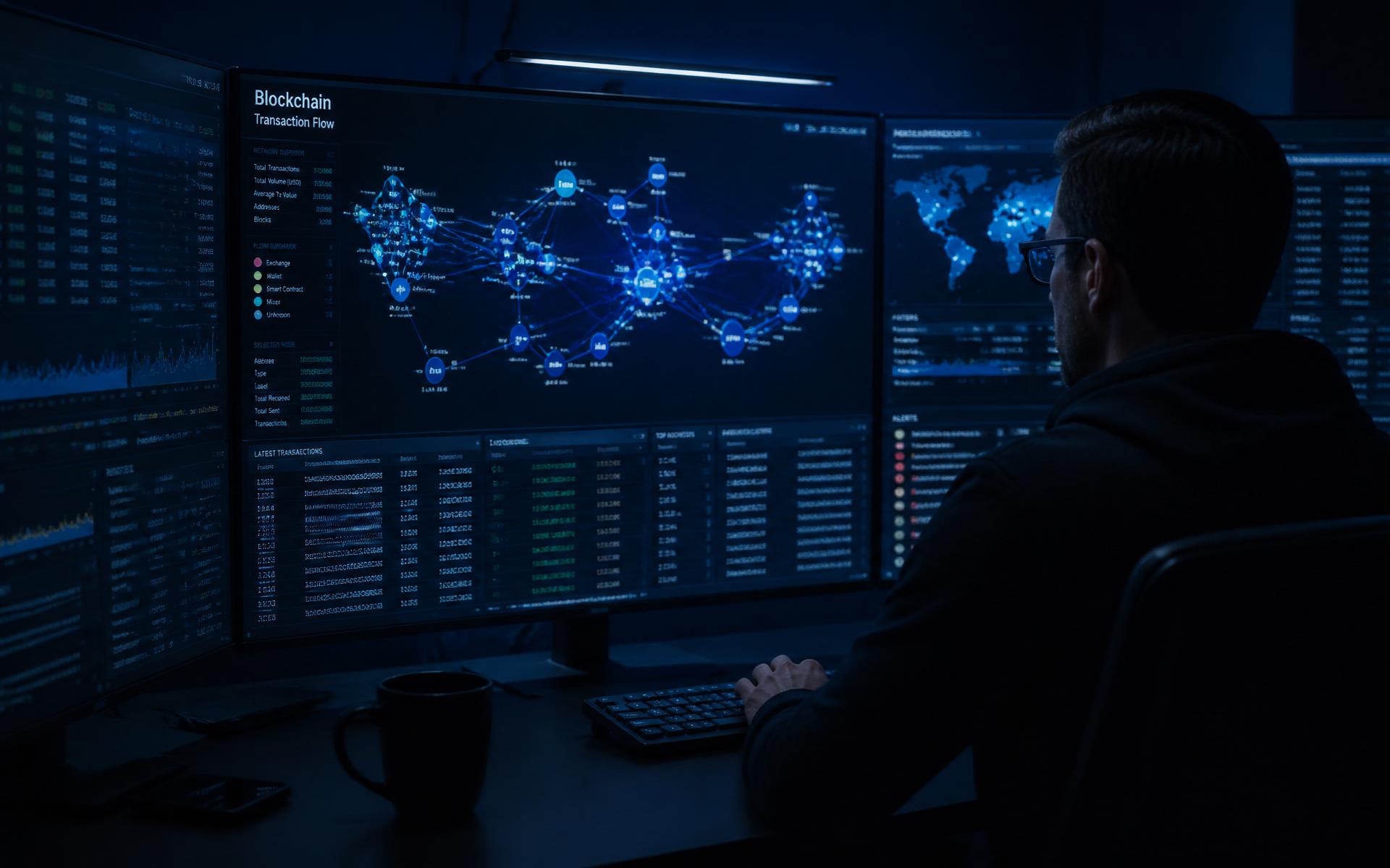 Cyber Shield investigator tracing blockchain transactions across a global map