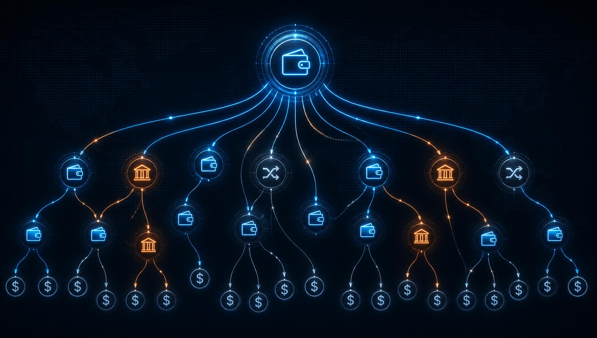 Transaction tracing web mapping wallets, exchanges, banks and mixers across a fraud network